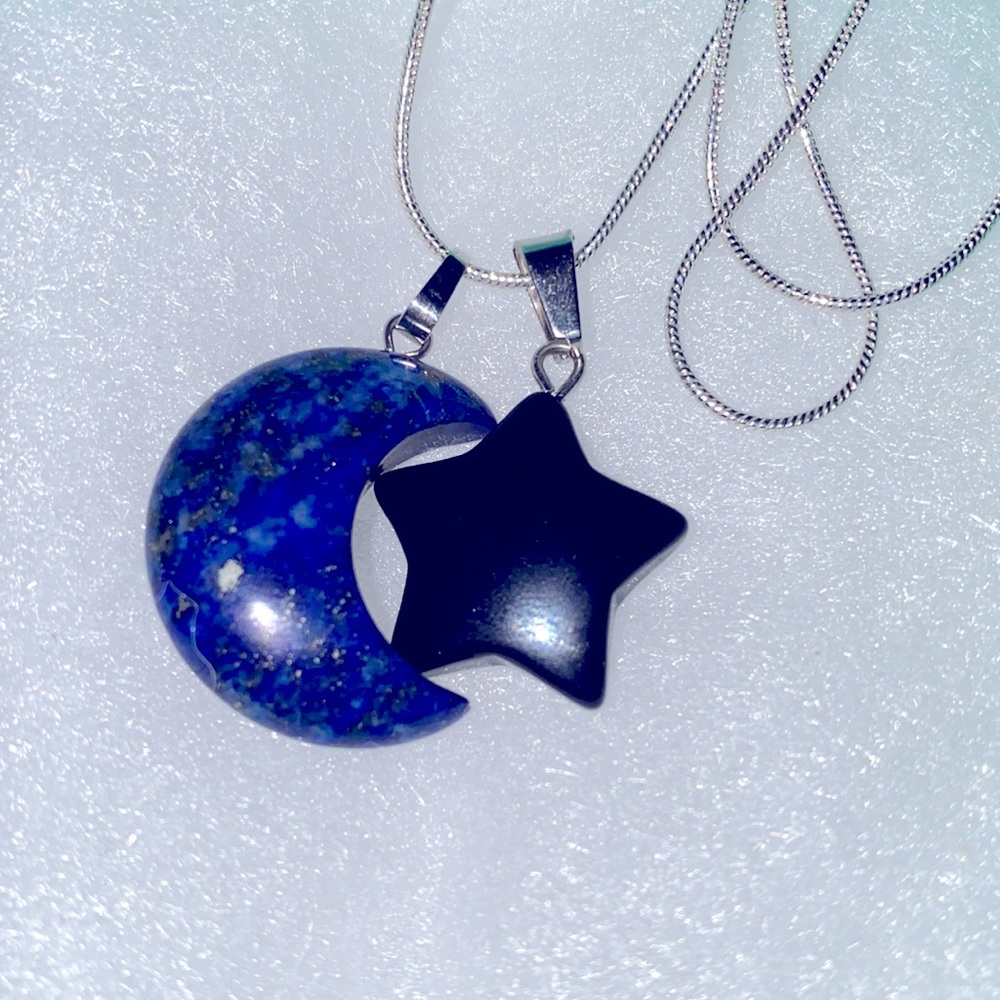 Boho hippie Blue Lapis Lazuli Moon 🌙 and Onyx Star Sterling Silver Necklace